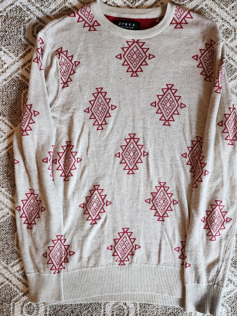 21men Beige Crewneck Sweater with Red Geometric Motifs